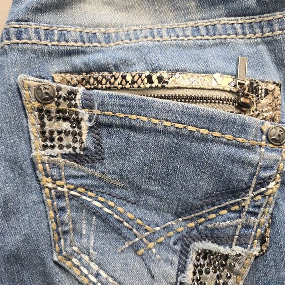 Rock and Roll Cowgirl Jeans Women's 29 x 32 ** Blue Low Rise Boot Cut Distressed - Picture 12 of 16